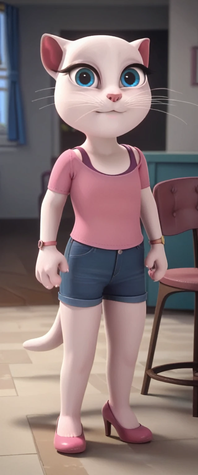 1 girl, cat, white fur, long whiskers on both sides of the face, large bright blue eyes, large black eyelashes, small pink nose, triangular ears with pink channels. There are high heels. Front view legs of female chair legs displayed above. crossed legs