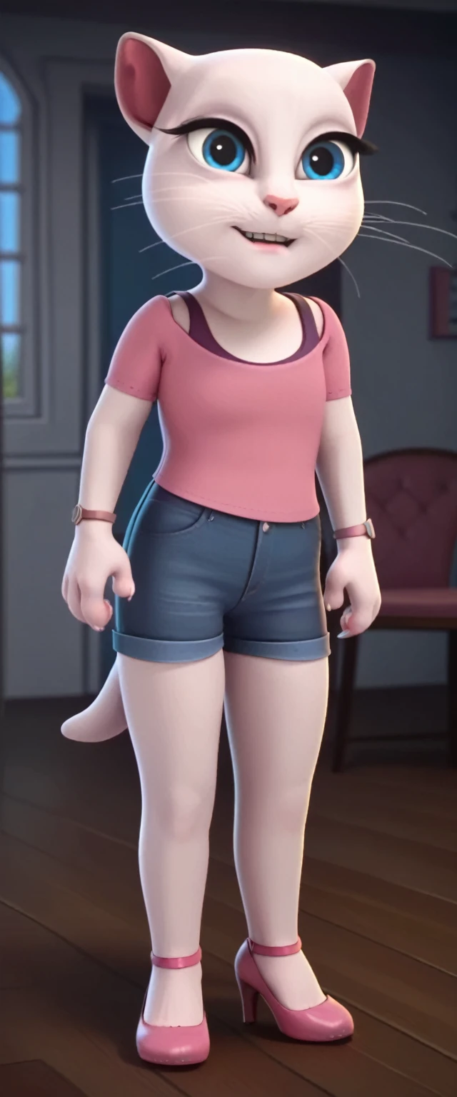 1 girl, cat, white fur, long whiskers on both sides of the face, large bright blue eyes, large black eyelashes, small pink nose, triangular ears with pink channels. There are high heels. Front view legs of female chair legs displayed above. crossed legs