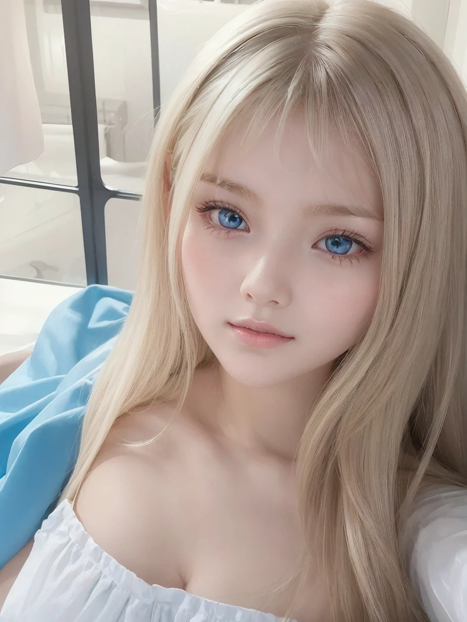 Extremely beautiful face、Small face beauty、Super long silky pearl blonde hair、Hair Play、very long bangs hanging on the face,,,、 cute beautiful girl、White beautiful skin、glowy skin、Teak Gloss、Gloss Face、Bright, Pale marine blue eyes glow、big eye、with round face、Beautiful face、Large breasts、Ultimate Beauty