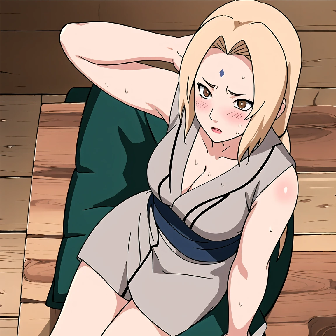 Tsunade , Brown eyes , Blonde Hair , Forehead Mark , (8K, RAW photos, best quality, masterpiece:1.2), (Intricate details), Perfect eyes, Perfect face, Perfect lighting, beautiful, (masterpiece:1.2), (best quality:1.2), 1 Girl, ,（（blush，nervous，Vision，classroom，bookshelf，sit on the chair，））masterpiece， absurd ， （Intricate details）， （Colorful）， light， Extremely detailed CG unity 8k wallpaper ，1 Girl， solo，（shy，classroom，night，blush，nervous，Sweating，蕾丝dress， ），sweat，blush，blush1.5，Blush，Medium chest，（（dress，Black stockings，）），（dress，Lying in bed，Uncomfortable expression，Mouth open，spit）