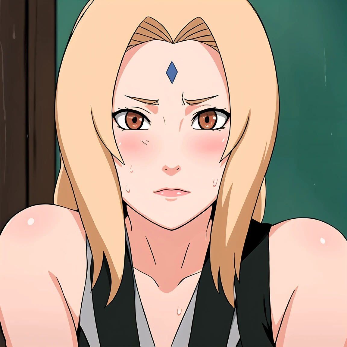 Tsunade , Brown eyes , Blonde Hair , Forehead Mark , (8K, RAW photos, best quality, masterpiece:1.2), (Intricate details), Perfect eyes, Perfect face, Perfect lighting, beautiful, (masterpiece:1.2), (best quality:1.2), 1 Girl, ,((blush,nervous,Vision,classroom,bookshelf,sit on the chair,))masterpiece, absurd , (Intricate details), (Colorful), light, Extremely detailed CG unity 8k wallpaper ,1 Girl, solo,(shy,classroom,night,blush,nervous,Sweating,蕾丝dress, ),sweat,blush,blush1.5,Blush,Medium chest,((dress,Black stockings,)),(dress,Lying in bed,Uncomfortable expression,Mouth open,spit)