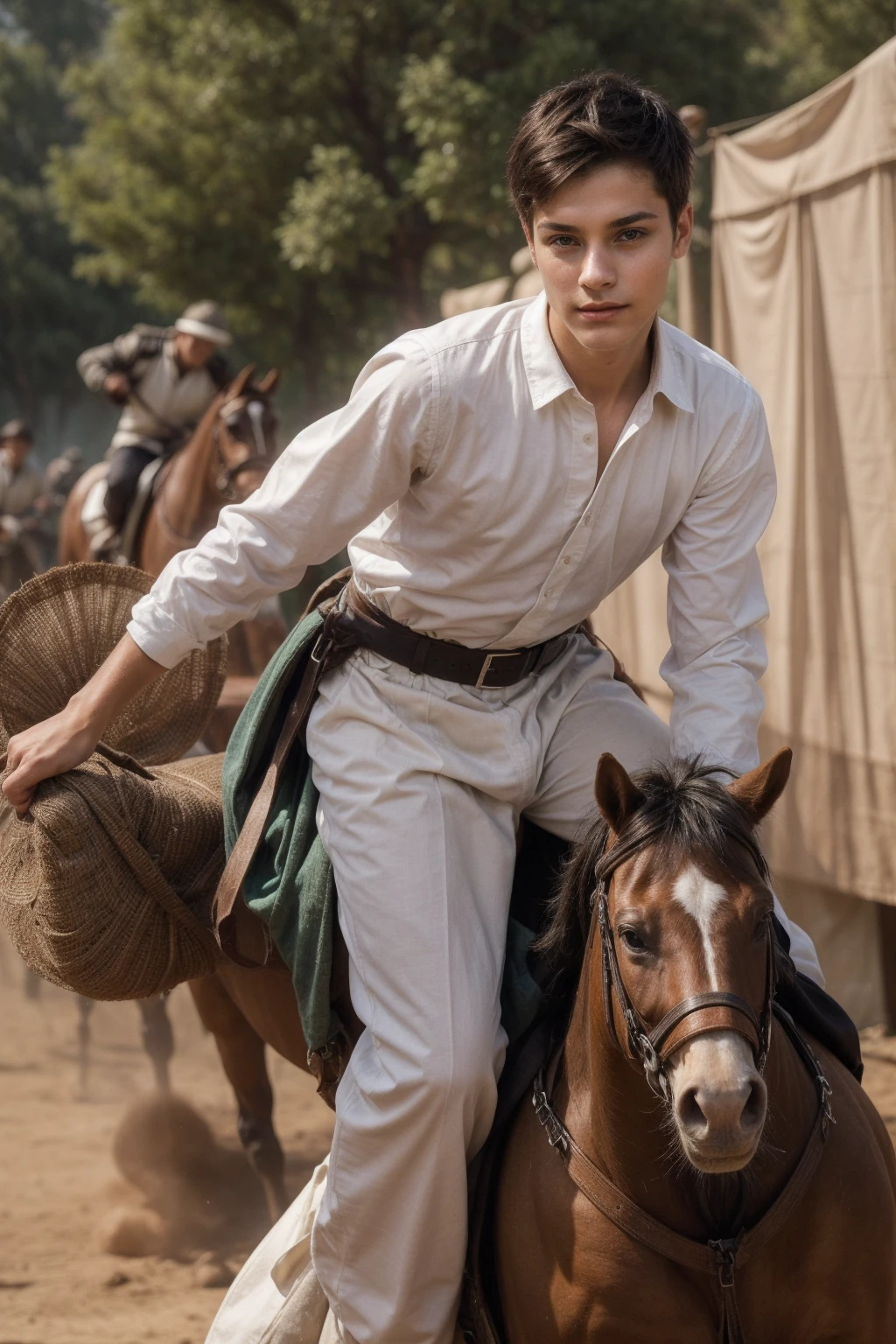 A cute twink male with a make-up face and black hair. He is wearing a white long-sleeved shirt and brown pants. He is riding a horse and looks proudly on the battlefield with a drawn sword in his hand.