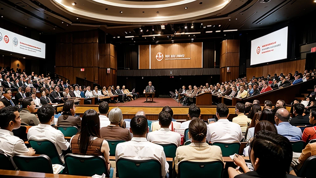 public speech at the conference, speaker is clearly visible, sitting crowd is blurred