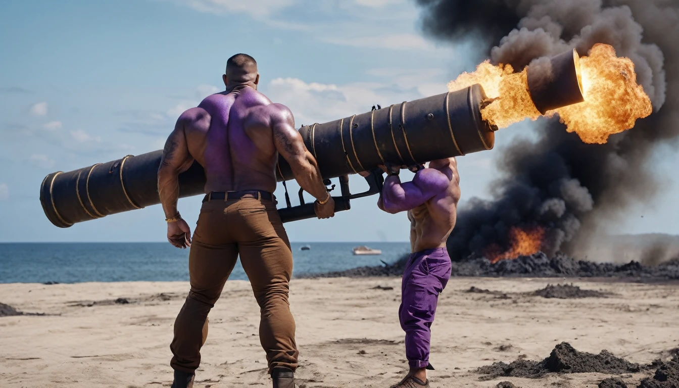 Big muscular brute with purple skin without a T-shirt, in brown pants holding a big bazooka, scene from the back, island flying burning planes, cinematic scene, realistic scene