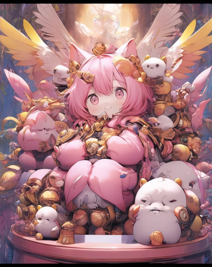 Cute furry monsters by Rory Greasley and Takeshi Obata,Big eyeouth、 The desire to attain enlightenment, It has small wings、Nirvana, Pink and yellow, Oil paints, Familiar, Realistic, 8k er, high quality、The most information、masterpiece、Detailed text、最高masterpiece