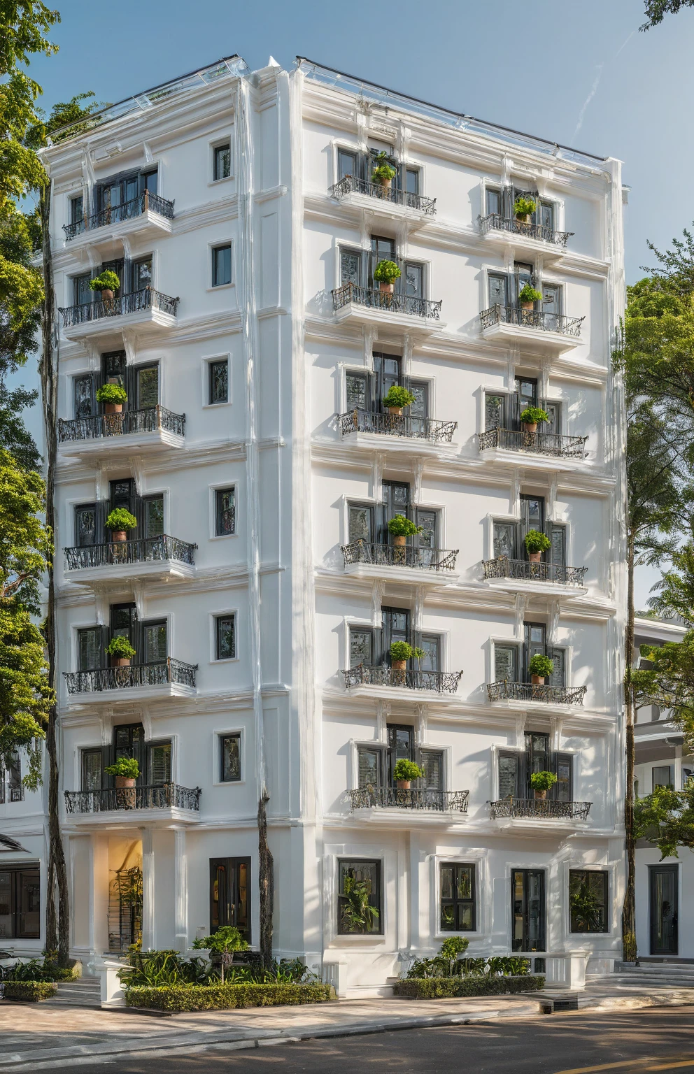 neo classical villa on street, (daylight), tropical tree, vivid colour, streetcapes, white tone, black detail, white wall, large glass door, warm interior lighting, best quality, masterpiece, ultra realistic