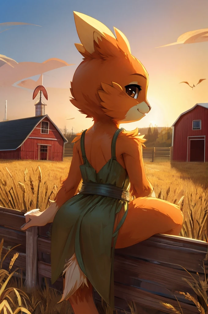 score_9, score_8_above, score_7_above, score_6_above, from below, Farm, barn, outdoor, wheat field, sitting on a fence BREAK alone, 1 girl, Torchic, faun \(spy\), orange fur, the second, bird, brown eyes, leaf dress, sexy