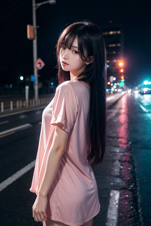 Adult woman, beautiful style, Megurine-Luca-like face, long hair colored light pink, the color of the clothes is black, expressionless, lifeless complexion, lonely, sad, empty-heartedness, broken heart, walking alone on a deserted road at night, rain, neon lights, frozen smile, hoarse voice, loneliness, sadness, emptiness, memories, crushed hope