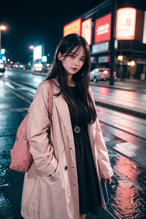 Adult woman, beautiful style, Megurine-Luca-like face, long hair colored light pink, the color of the clothes is black, expressionless, lifeless complexion, lonely, sad, empty-heartedness, broken heart, walking alone on a deserted road at night, rain, neon lights, frozen smile, hoarse voice, loneliness, sadness, emptiness, memories, crushed hope