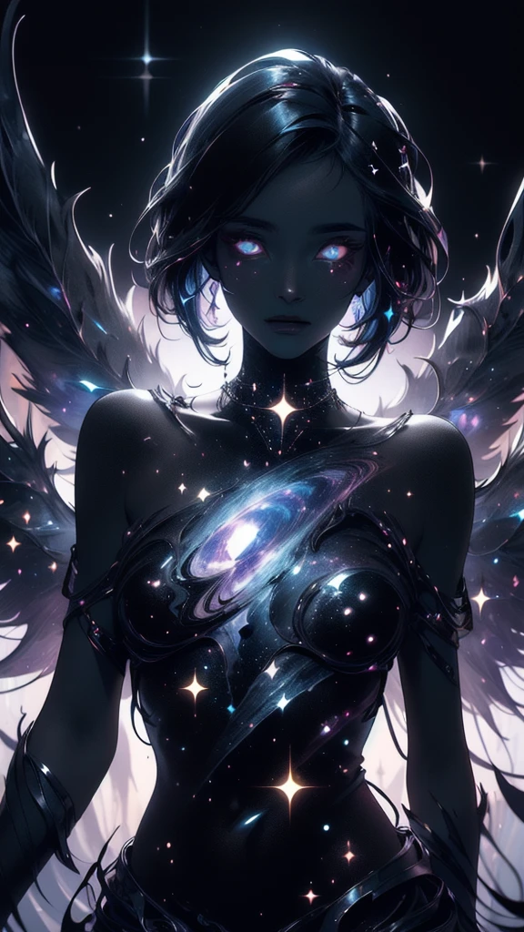 Generate a dark celestial woman with ((extremely perfect)) eyes and (((pure black galaxy skin))). Her ((onyx black)) but (soft) face should be highly detailed and realistically shaded with puffy lips. Her wings are delicate but stunning, with many small fantasy details. This is a (((masterpiece))). Utilize dynamic composition and expressions to create a cinematic experience. Include glittering and delicate jewelry. The background of the image should be pure back, leaving the woman as the focal point of the image. ((dark celestialskin body, void cosmic body)), ornate, (((dark background))), (((lights off))), (((hollywood dark)))
