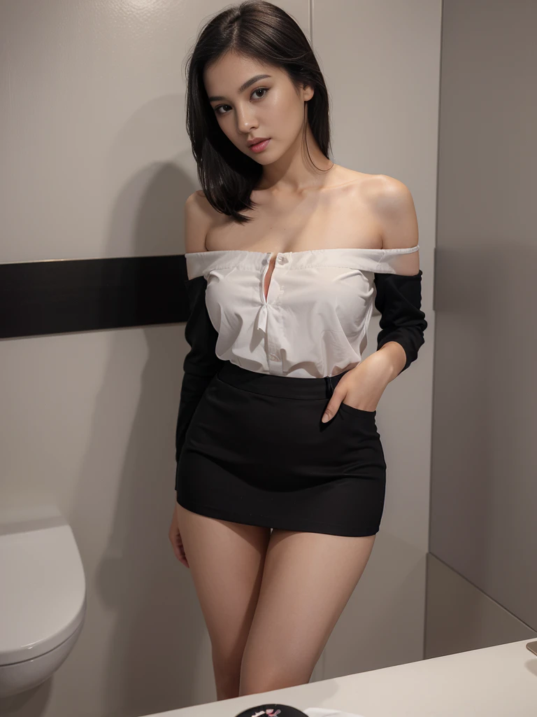 1girl, high quality, high resolution, 4k, 22 year old beautiful very white asian girl, very slim, tall. black hair, off shoulder, business clothes, formal shirt, skirt, stockings, high heels, lips, realistic, nose, flirting with camera, bending on bathroom stall, nice ass, looking seductively at viewer
