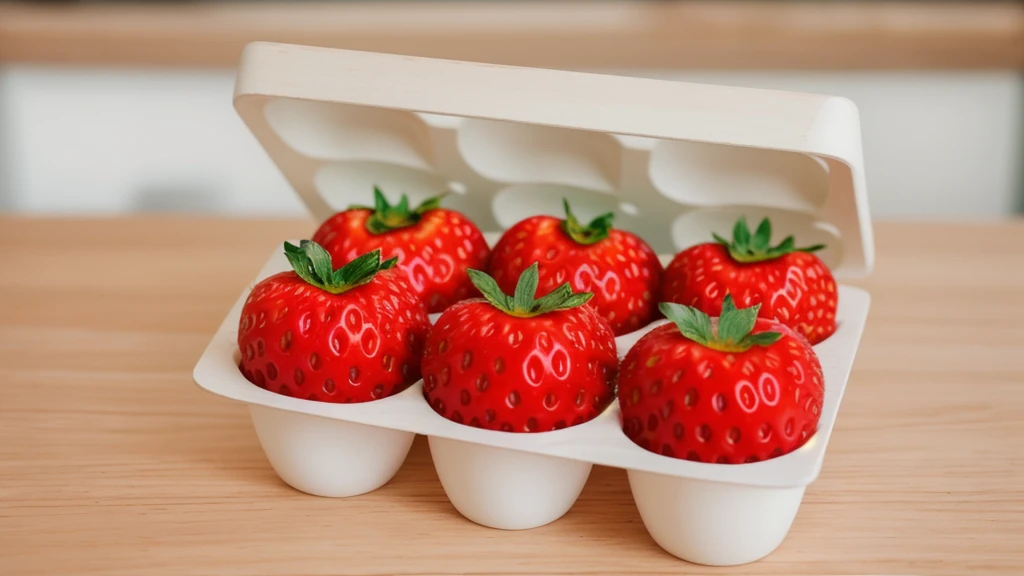 on a wooden table, in a paper egg tray, there are 6 strawberries instead of eggs, strawberries in an egg tray, realistic texture, realistic style, detailed texture, high quality, high resolution, high quality rendering, realistic photo, brightning light, macro photo