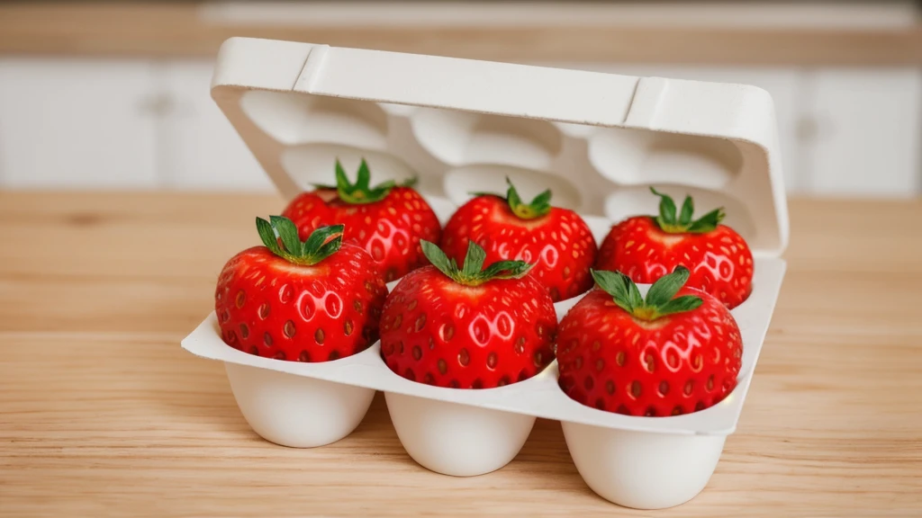 on a wooden table, in a paper egg tray, there are 6 strawberries instead of eggs, strawberries in an egg tray, realistic texture, realistic style, detailed texture, high quality, high resolution, high quality rendering, realistic photo, brightning light, macro photo