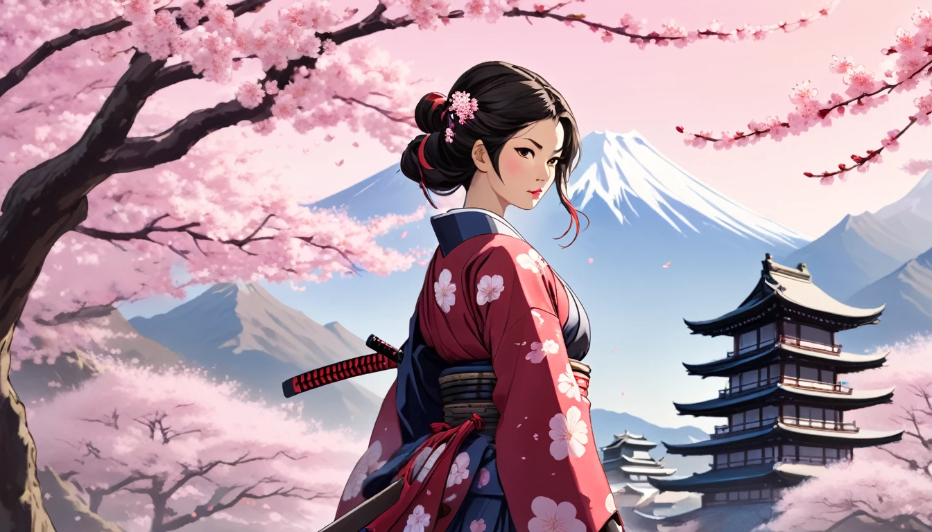 Female samurai,Background is cherry blossoms, Japanese temple and mountains、