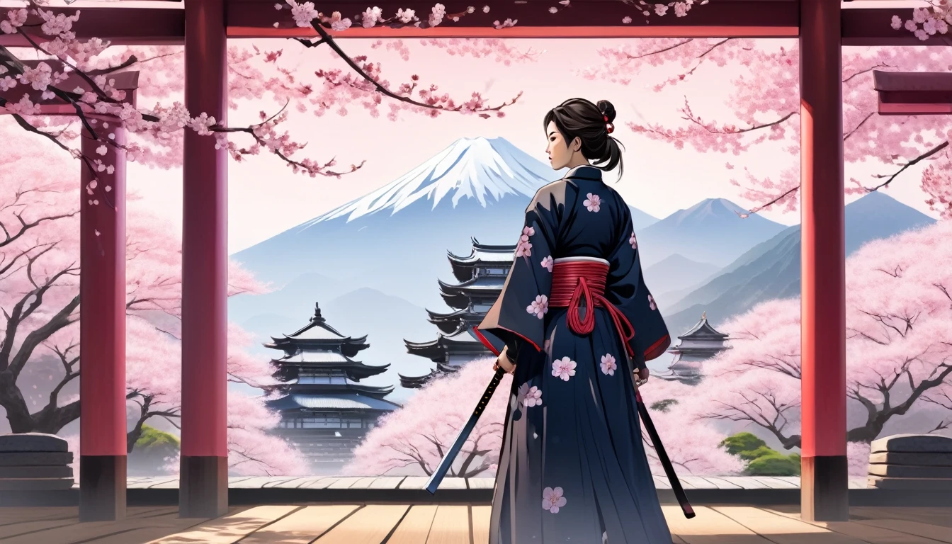 Female samurai,Background is cherry blossoms, Japanese temple and mountains、