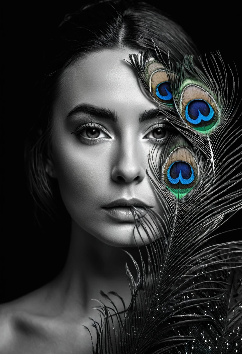 black and white, ultra clear raw photo of woman with a peacock feather, close up, dark background