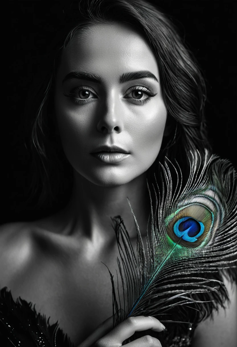 black and white, ultra clear raw photo of woman with a peacock feather, close up, dark background
