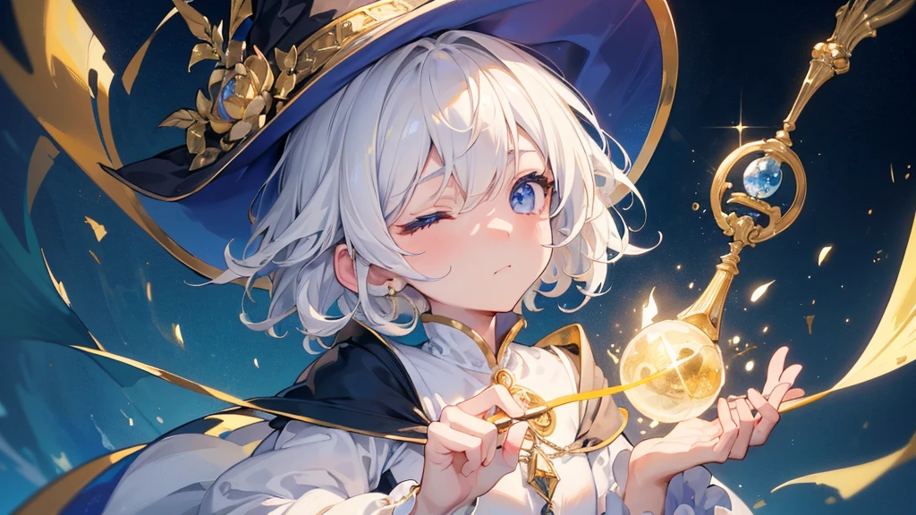 (Highest quality)　(4K)　(8k)　(High resolution)　(masterpiece:1.2)　(Super detailed)　One boy　short hair　witch　The right eye is blue and the left eye is yellow　Long sleeve　Golden decoration　Hair between the eyes　Closed Mouth　White Dress　Wavy white hair　Upper Body　Blue hat　Golden Background　Embarrassed　Being spoiled　(Looking up)　(Cast a spell)