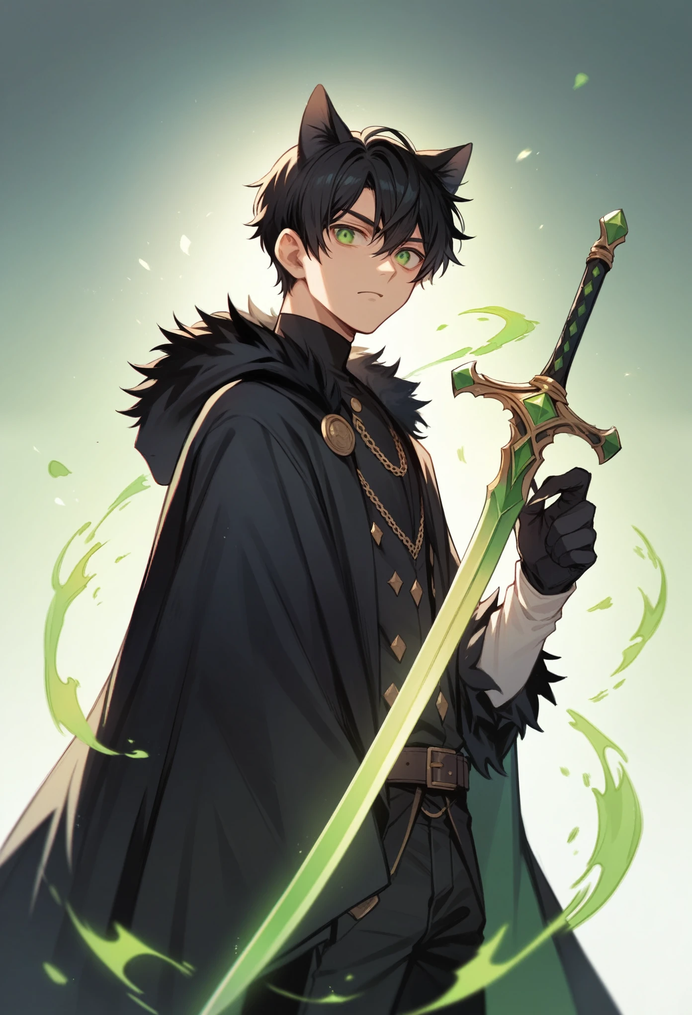 anime boy wearing a black cloak with green energy around him, black hair, green eyes, holding a sword, 4k, anime, black cat ears