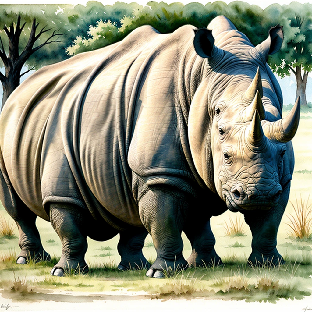 rhino, drawing, sketch, art, colorfull, aquarelle, nature, bush grass, ((best quality)), ((masterpiece)), (detailed)