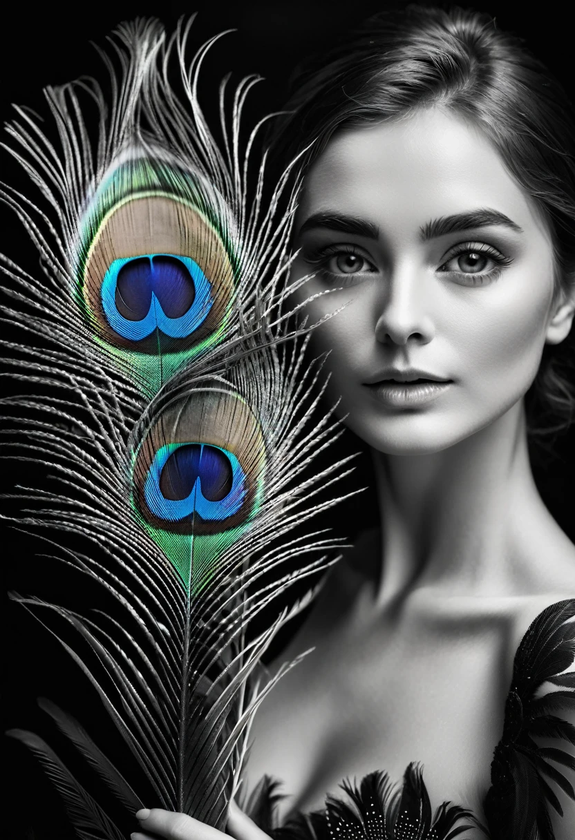 black and white, ultra clear raw photo of woman with a peacock feather, close up, dark background