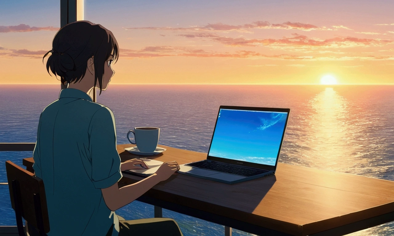Picture of a woman sitting at a desk with a laptop, Makoto Shinkai Cyril Rolland, blue sea. by makoto shinkai, Watching the sunset. anime, in Makoto Shinkai's Style, Studio Greeble Makoto Shinkai, by makoto shinkai, by makoto shinkai, Makoto Shinkai's Style