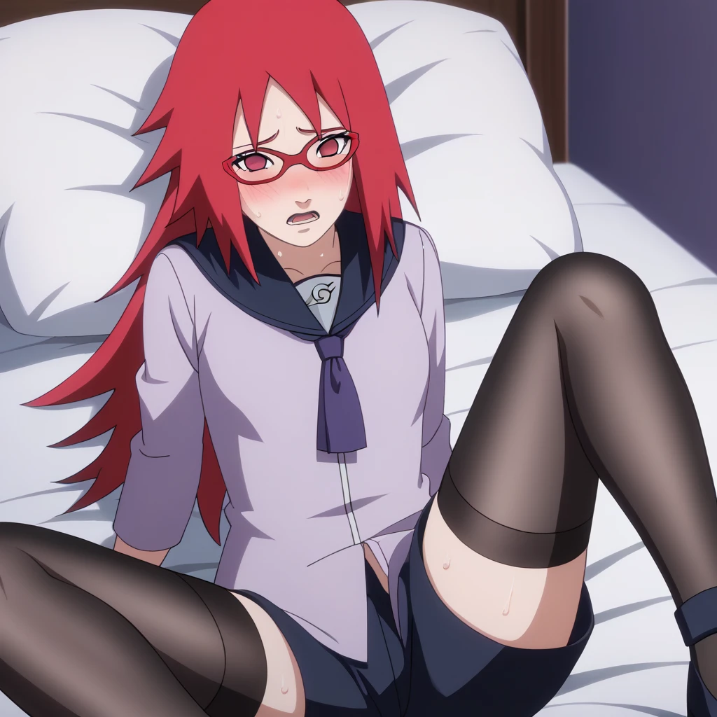 Red hair, 1 Girl, Glasses, Long hair, Red Eyes, Solitary, Sailor Suit, Black over-the-knee stockings, Black shorts, Umbilical cord, Looking at the audience,No students, Japanese cartoons screencap, Japanese cartoons coloring,src_Japanese cartoons,Naruto \(series\), Naruto shippuuden,((blush,nervous,Vision,))masterpiece, absurd , (Intricate details), (Colorful), light, Extremely detailed CG unity 8k wallpaper ,1 Girl, solo,(shy,In the hotel,Lying on the bed,night,blush,nervous,Sweating,蕾丝dress, ),sweat,blush,blush1.5,Blush,Medium chest,((dress,Black stockings,luxurious hotel,night,)),(dress,Lying in bed,Uncomfortable expression,Mouth open,spit)