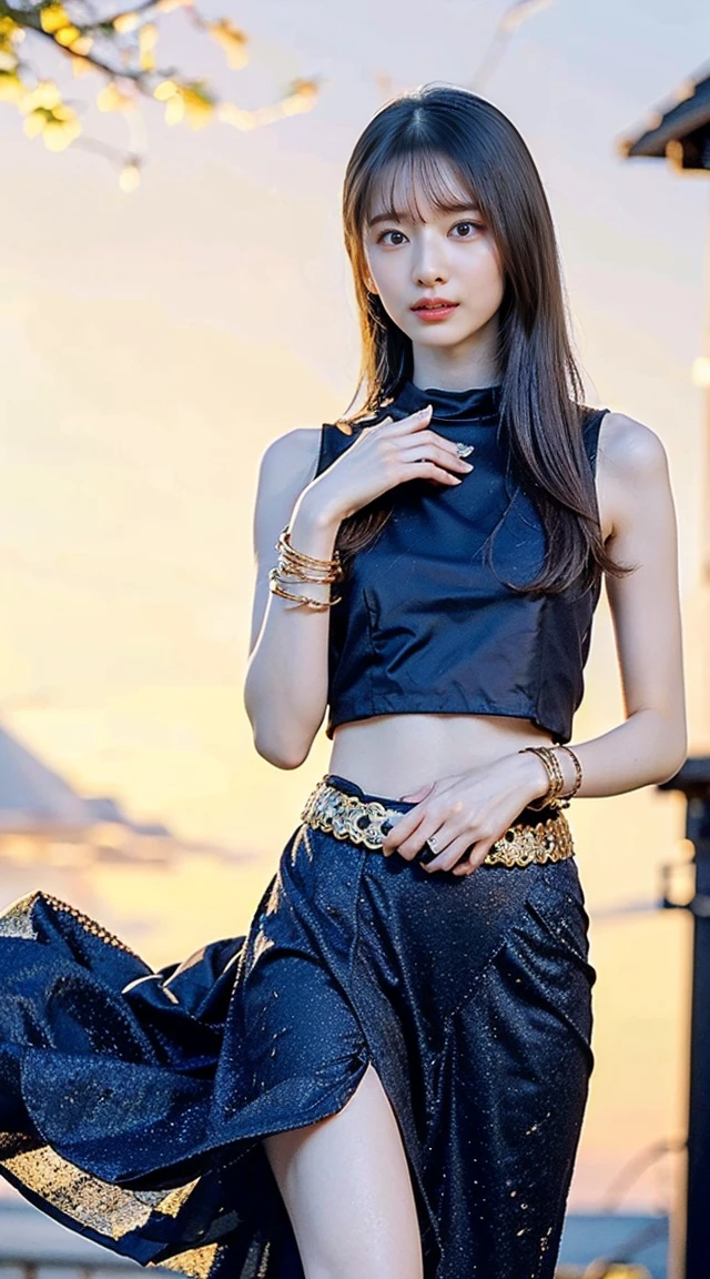(8k、RAW Photos、Highest quality、masterpiece:1.2)、(Realistic、Photorealistic)、1 girl、((Black Dress、See through、belt、Gold bracelet、Sandals、Navel exposed))、Lots of eyelashes、Add shine to your eyelids、skeletally correct、Sweaty body、Beautifully trimmed fingertips、In the sky