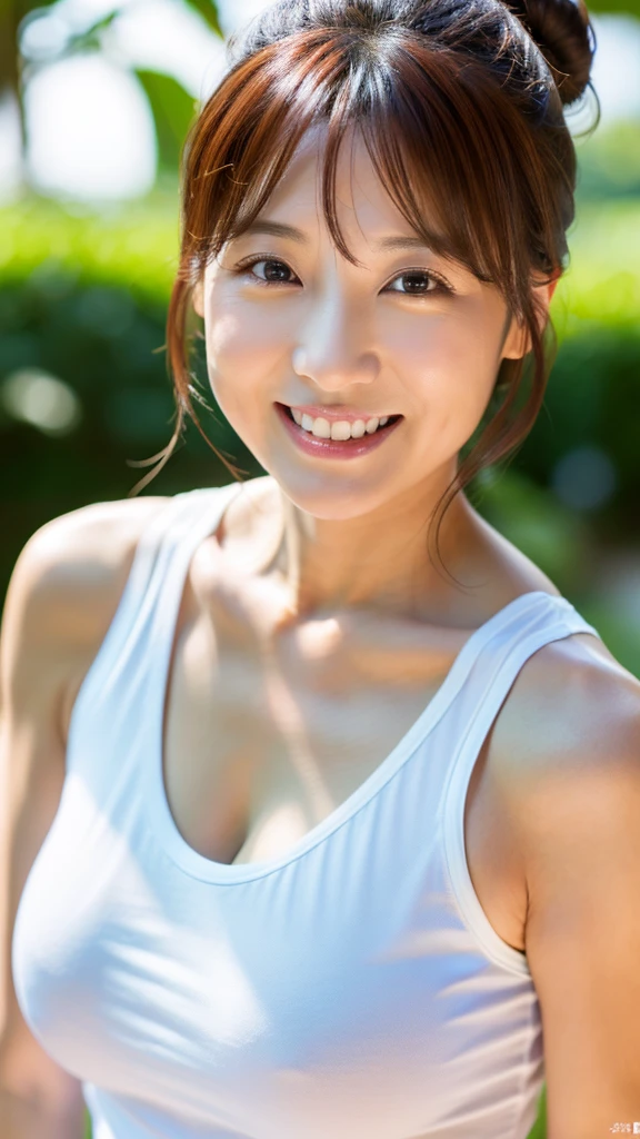 ((最high quality, 8k, masterpiece: 1.3)), (close:0.75), Realistic, Sharp focus, high quality, High resolution, Japanese women、48 years old、Middle-aged mature woman face、Chubby body type、Her breasts are huge, measuring 40 inches. {Wearing a white tank top}, ((Very strong sunlight)), smile, Red hair bun hair,自宅の庭でカメラに向かいsmile、Upper body image、smileのアップ8K画像、
