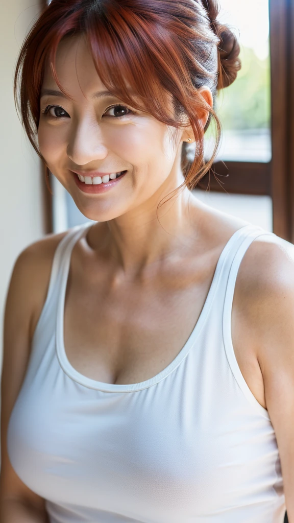 ((最high quality, 8k, masterpiece: 1.3)), (close:0.75), Realistic, Sharp focus, high quality, High resolution, Japanese women、48 years old、Middle-aged mature woman face、Chubby body type、Her breasts are huge, measuring 40 inches. {Wearing a white tank top}, ((Very strong sunlight)), smile, Red hair bun hair,自宅の庭でカメラに向かいsmile、Upper body image、smileのアップ8K画像、