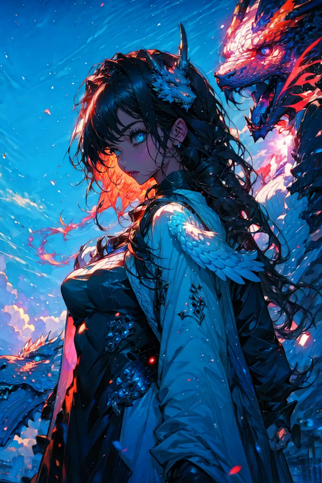 1girl and 1dragon,cool,bigbreast,,she is white angel,she has wing,back to dark dragon