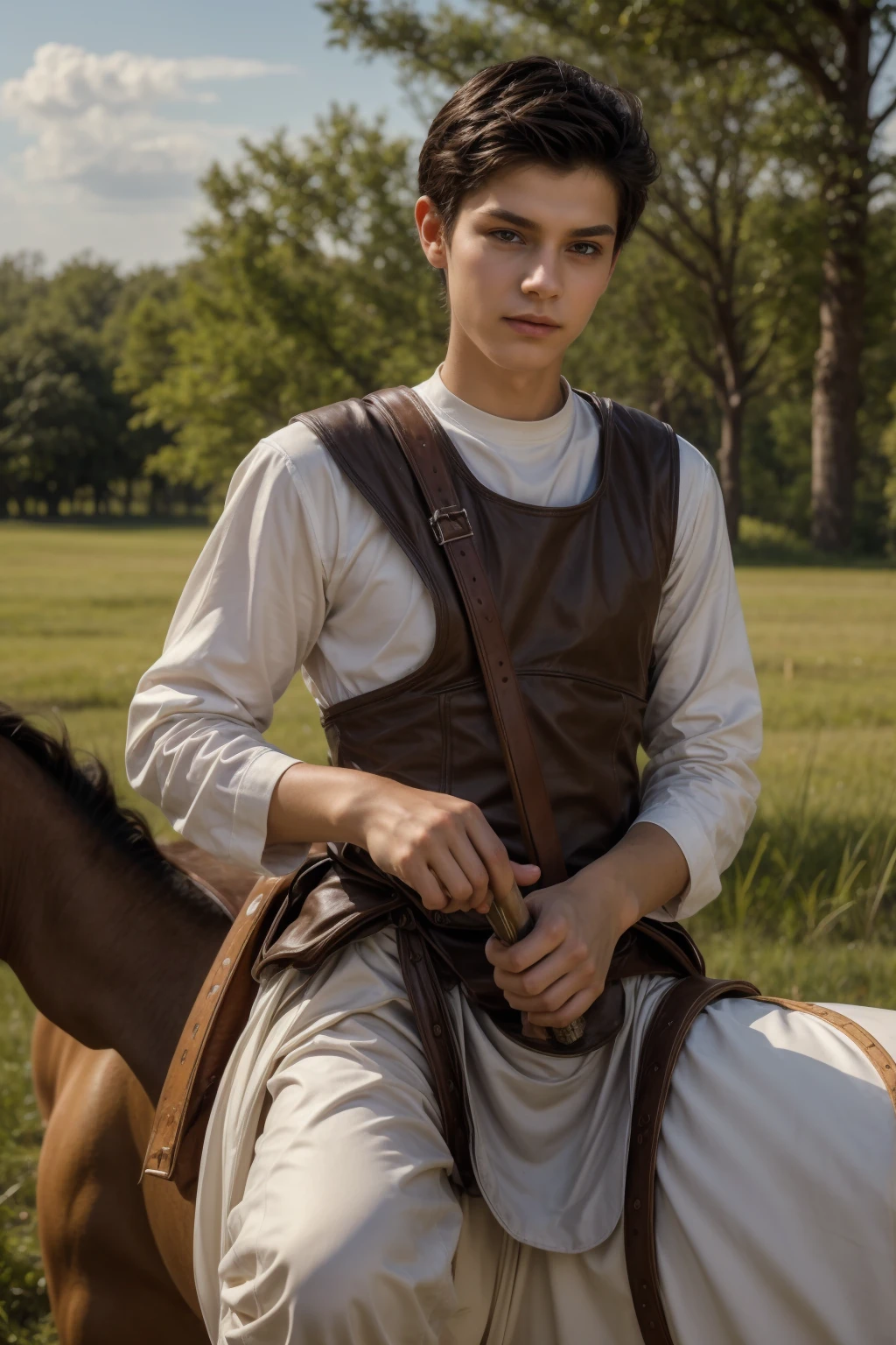 A cute twink male with a make-up face and black hair. He is wearing a white long-sleeved shirt and brown pants. He is riding a horse and looks proudly on the battlefield with a drawn sword in his hand.