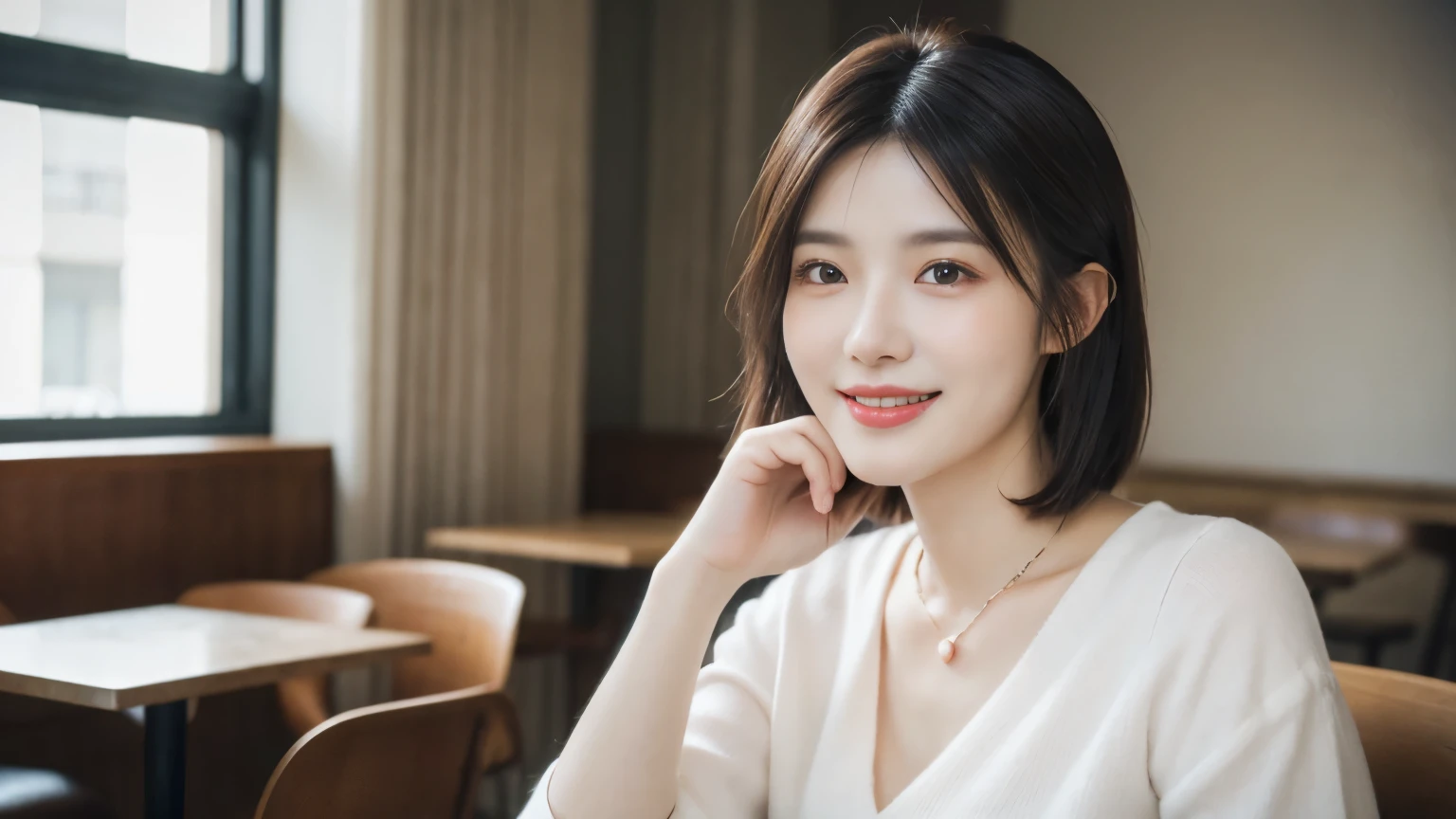 Dressed, (Like the picture:1.4), (Ultra-realistic:1.4), (Realistic:1.3), (Smoother lighting:1.05), (Improving the lighting quality of movies:0.9), 32k, One Girl,Age 25, Realistic lighting, Backlight, Light on the face, Ray-tracing, (Bright light:1.2), (Improvement of quality:1.4), (Highest Quality Real Texture Skins:1.4), Detailed drawn eyes, Detailed painted face, (tired and sleepy and joy:0), (smile:1.4), Casual Suits,necklace, (Enhance the mood of your body line:1.1), (Enhances the beauty of skin texture:1.1),Photographed inside the cafe,Open Cafe,Mesh Hair