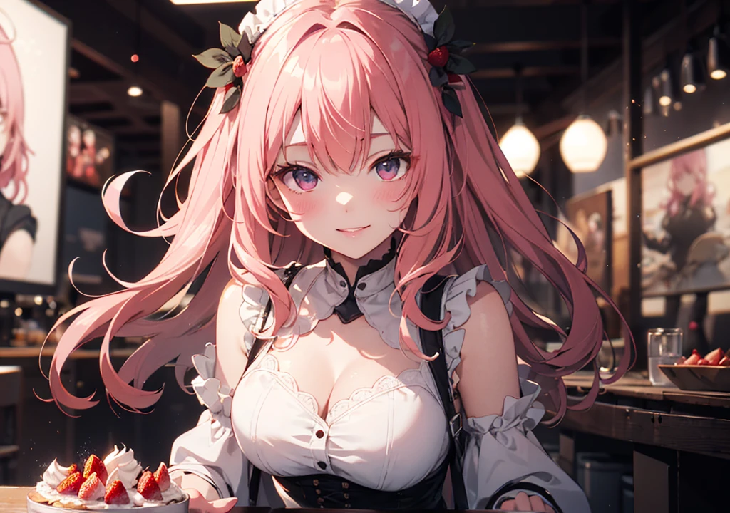 Realistic photos, Focus distance 10mm, Red and white, A big smile, Beautiful girl, Realistic photos, Focus distance 10mmで撮影, masterpiece, 最high quality, high quality, Very detailed CG 8k wallpaper unit, Award-winning photography, Depth of written boundary, High resolution, bloom, chromatic aberration, Realistic, Very detailed, Art Station Trends, CGsociety Trends, Complex, High detail, dramatic, Art on the go, volumetric lighting, Strawberry Shortcake is a beautiful girl personified。Pink hair and a dress topped with strawberries