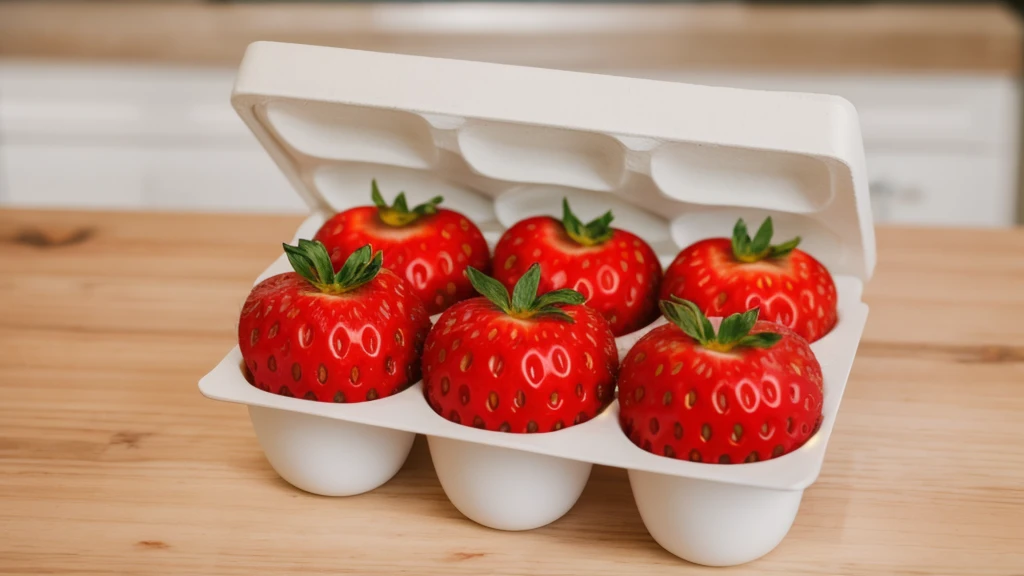 on a wooden table, in a paper egg tray, there are 6 strawberries instead of eggs, strawberries in an egg tray, realistic texture, realistic style, detailed texture, high quality, high resolution, high quality rendering, realistic photo, brightning light, macro photo