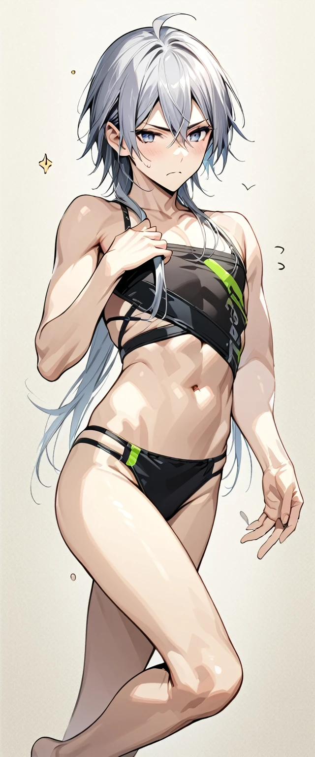 absurdres, highres, ultra detailed, super fine illustration, best quality, 1boy, perfect anatomy, male focus, solo, (dark-skinned:0.8) male, silver hair, long hair, black bikini, bare shoulders, bare arms, bare legs, &lt;lora:_L2090:-0.6&gt; &lt;lora:flat:-0.2&gt;
