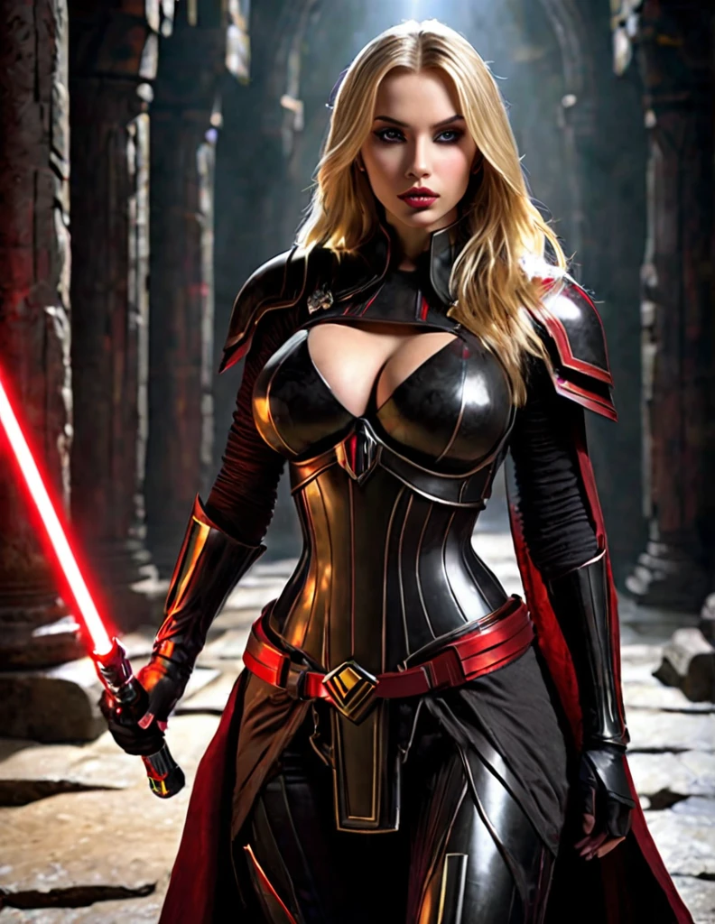 1girl, long blonde hair, sensual appearance, sith lord, inspired by star wars old republic, wearing tight black armor, walking through dark ruins of a sith temple on korriban, holding a red lightsaber, strong gaze, golden eyes, soft yet authoritative face, graceful posture, hourglass figure with round heart-shaped hips, large milky breasts,(best quality,4k,8k,highres,masterpiece:1.2),ultra-detailed,(realistic,photorealistic,photo-realistic:1.37),dramatic lighting,dark moody atmosphere,dramatic poses,cinematic,highly detailed facial features,extremely detailed eyes and face,longeyelashes,beautiful detailed lips,beautiful detailed eyes,volumetric lighting,chiaroscuro,dark fantasy,concept art