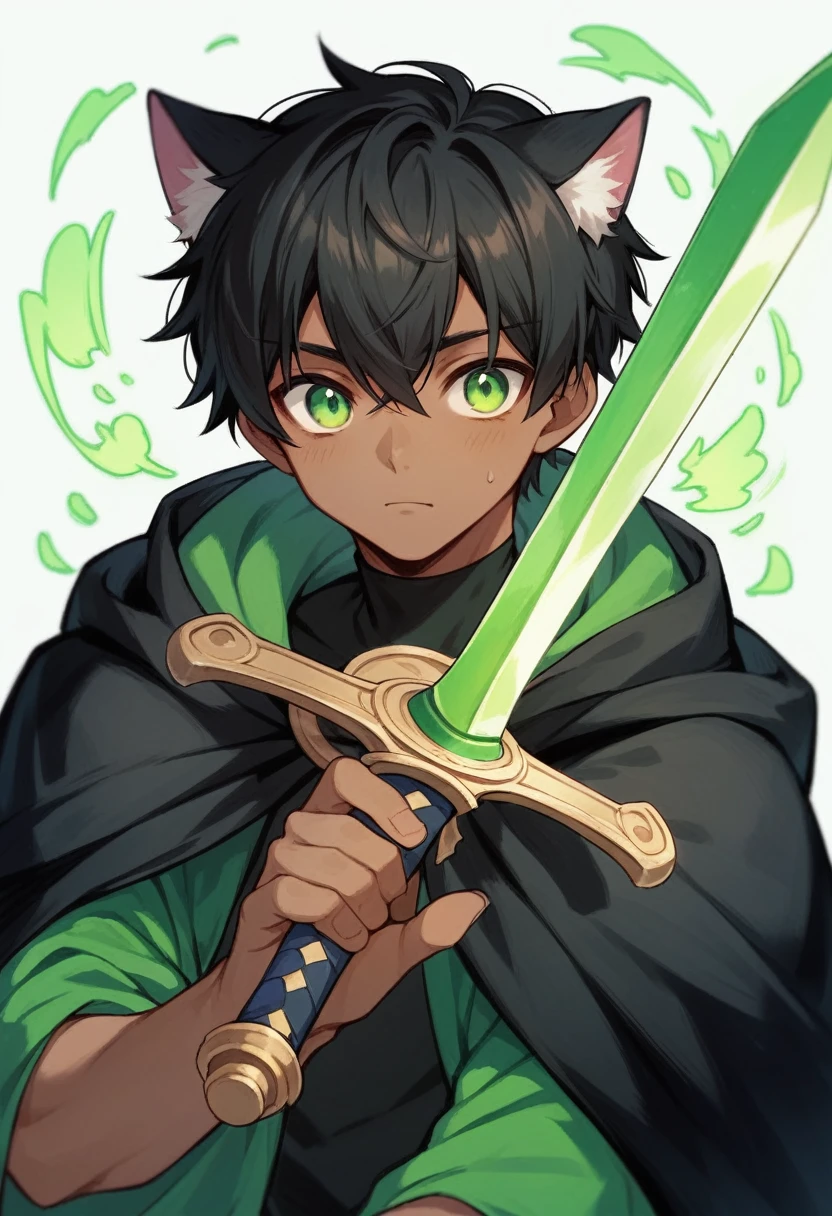 anime boy wearing a black cloak with green energy around him, black hair, green eyes, holding a sword, 4k, dark skin, anime, black cat ears, cute