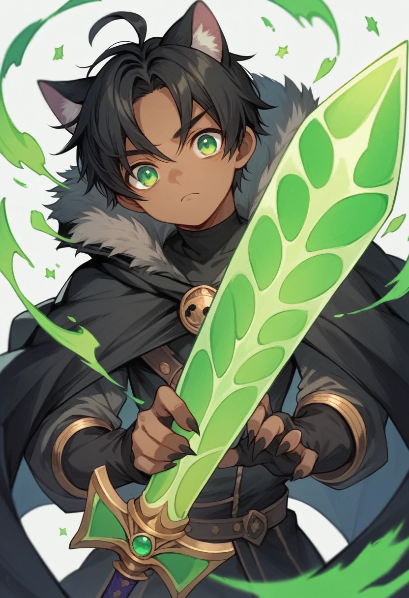 anime boy wearing a black cloak with green energy around him, black hair, green eyes, holding a sword, 4k, dark skin, anime, black cat ears, cute