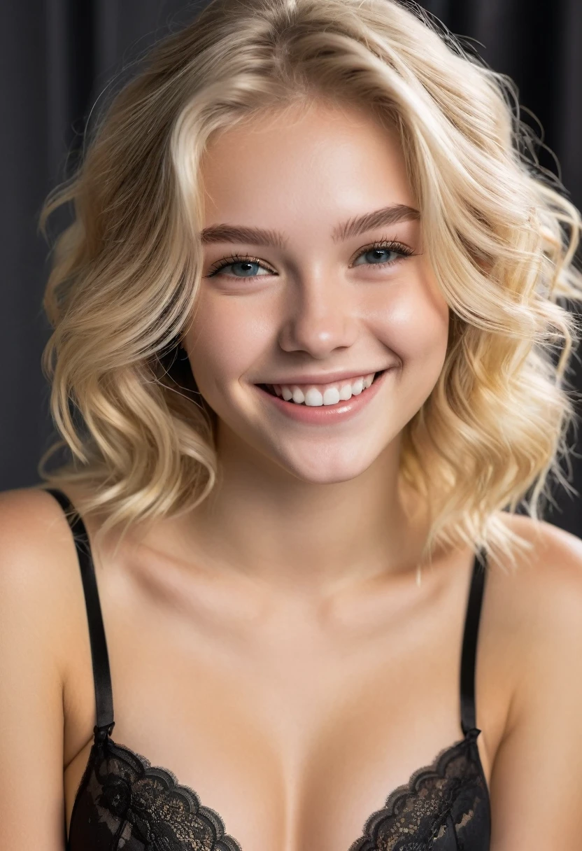 Beautiful, young white teen, natural blonde hair, brightly smiling, wearing black lingerie, in the style of Ken Marcus, perfect lighting, (extreme detail), (8k)