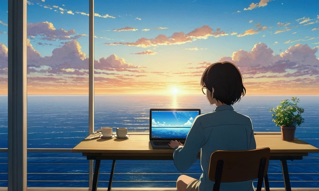 Picture of a woman sitting at a desk with a laptop, Makoto Shinkai Cyril Rolland, blue sea. by makoto shinkai, Watching the sunset. anime, in Makoto Shinkai&#39;s Style, Studio Greeble Makoto Shinkai, by makoto shinkai, by makoto shinkai, Makoto Shinkai&#39;s Style