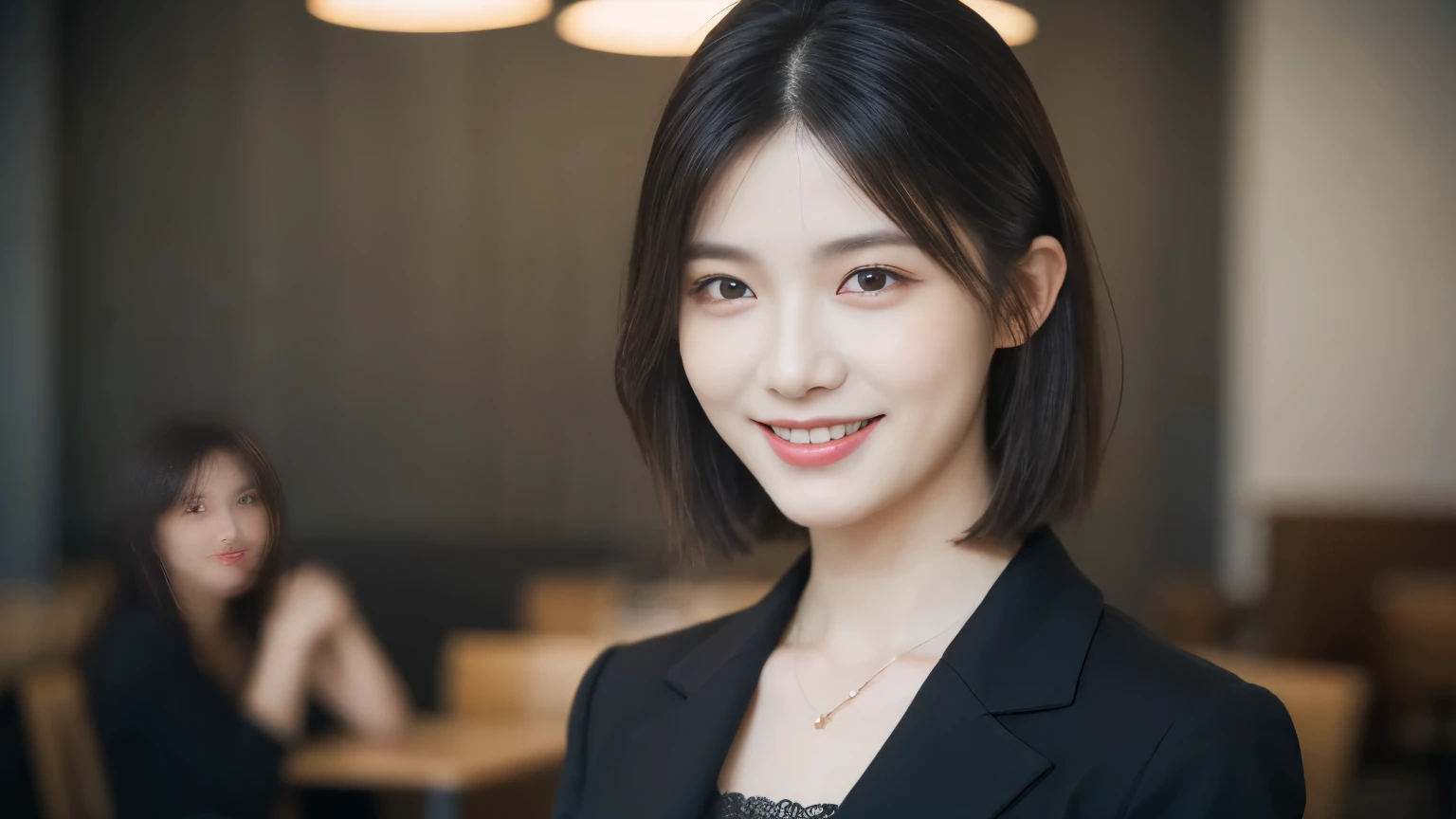 Dressed, (Like the picture:1.4), (Ultra-realistic:1.4), (Realistic:1.3), (Smoother lighting:1.05), (Improving the lighting quality of movies:0.9), 32k, One Girl,Age 25, Realistic lighting, Backlight, Light on the face, Ray-tracing, (Bright light:1.2), (Improvement of quality:1.4), (Highest Quality Real Texture Skins:1.4), Detailed drawn eyes, Detailed painted face, (tired and sleepy and joy:0), (smile:1.4), Casual Suits,necklace, (Enhance the mood of your body line:1.1), (Enhances the beauty of skin texture:1.1),Photographed inside the cafe,Open Cafe,Mesh Hair