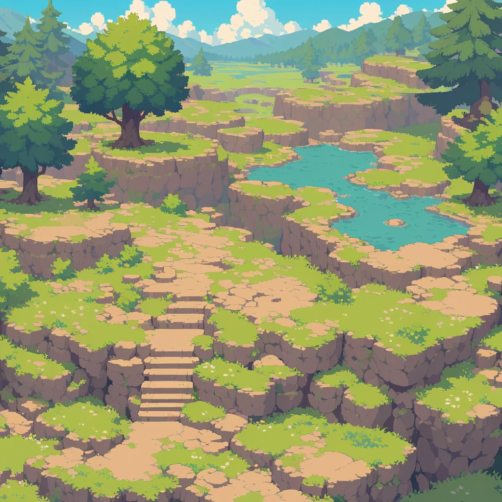 retro video game style,pixelated, vibrant pastel colors,8-bit characters,blocky shapes,sharp lines,detailed shading,classic gaming vibe,nostalgic atmosphere,classic arcade games,masterpiece:1.2,ultra-detailed,illustration style, 2d texture, stone texture, 4 k seamless mud texture, video game texture, dirt texture, tileset, game tiles, grass, 3/4th perspective trees, 3/4th perspective tileable rock texture, 3/4th perspective tileable cliff formations, tileable trees, topdown view, game texture, game art, tileable texture, very detailed cliff texture, intricate stones, top down view, 3/4th perspective