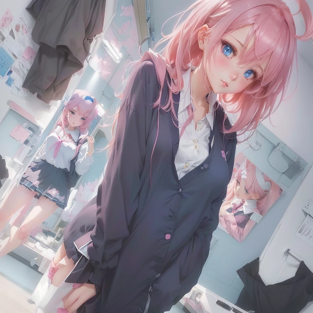 Anime Girls with pink hair and blue eyes standing in front of a mirror, Soft anime illustration, Anime Style 4k, Beautiful anime school girl, Smooth anime CG art, Anime Art Wallpapers 8K, anime art wallpaper 4k, anime art wallpaper 4k, Zerochan Art, (Anime Girls), cute Anime Girls, Cute girl anime visuals