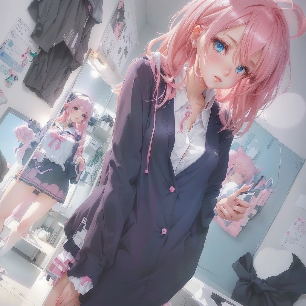 Anime Girls with pink hair and blue eyes standing in front of a mirror, Soft anime illustration, Anime Style 4k, Beautiful anime school girl, Smooth anime CG art, Anime Art Wallpapers 8K, anime art wallpaper 4k, anime art wallpaper 4k, Zerochan Art, (Anime Girls), cute Anime Girls, Cute girl anime visuals