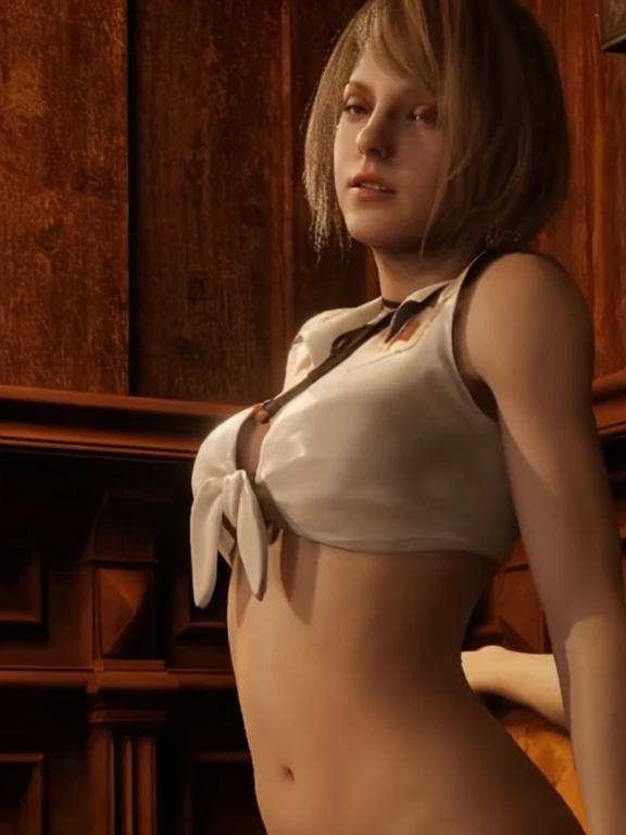 Works out of Resident Evil, in a white sleeveless cowboy shirt with black garters around her neck, half naked, standing slightly bent over, openly art 3D realistic