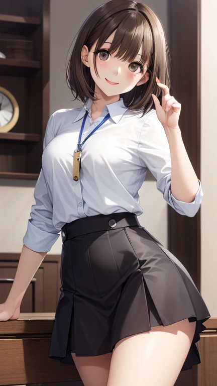anegasaki nene、Shiny brown hair, short hair, (Beautiful brown eyes、Sparkling eyes, Fine grain)、smile、Ultra-detailed eyes、Highly detailed face, Highly detailed eyes,
masterpiece, Superior Quality, High resolution, masterpiece, 1 adult female, 邪悪なsmile, 邪悪なsmile, Evil plan,
Brown fur, Black and white outfit , Get your eyes, mini skirt, Rooms in the house, With the keys in hand