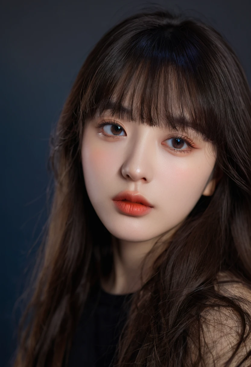 8K, best quality, 1 Girl, (Skin Indentation), night, (dark), Indoor clear background, (people), Beautiful bangs, Gorgeous,, (Clothing and:1.3),Soft lighting, attractive, dark Room, (mouth close:1.2, beautiful eyes, Delicate eyes, Detailed iris, Beautiful lips, Beautiful nose, Pretty Face),(primary color:1.5)