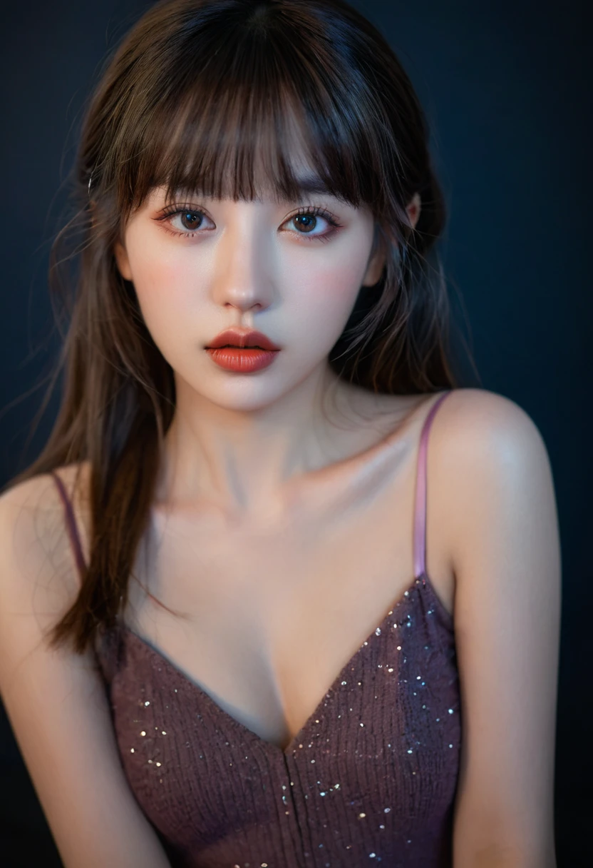 8K, best quality, 1 Girl, (Skin Indentation), night, (dark), Indoor clear background, (people), Beautiful bangs, Gorgeous,, (Clothing and:1.3),Soft lighting, attractive, dark Room, (mouth close:1.2, beautiful eyes, Delicate eyes, Detailed iris, Beautiful lips, Beautiful nose, Pretty Face),(primary color:1.5)