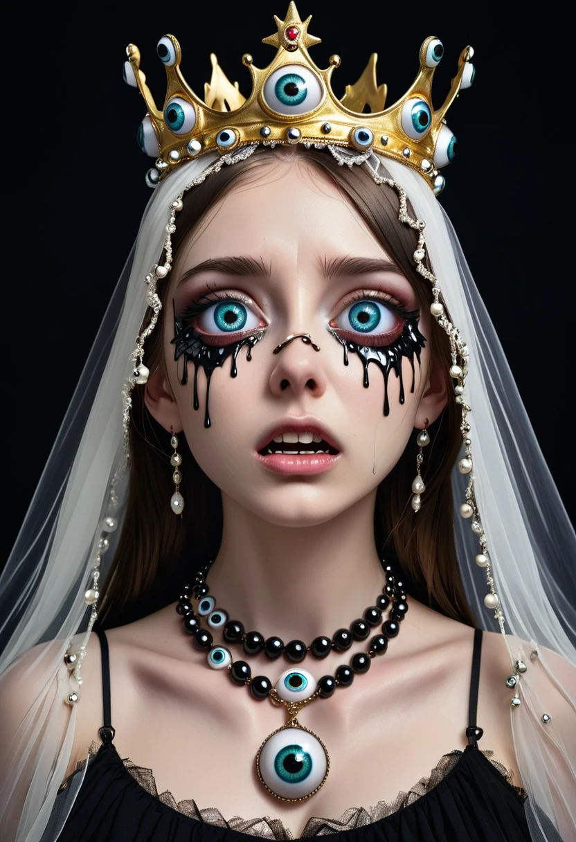 Grotesque Aesthetics：Girl with extra eyes，Tears，There are many eyeballs growing on the skin of the face，Eyeball Necklace，Eyeball Crown，Realistic eyeballs，teeth，Distorted face， Solitary，black background，crown，veil，hand，3D eye bead necklace，
